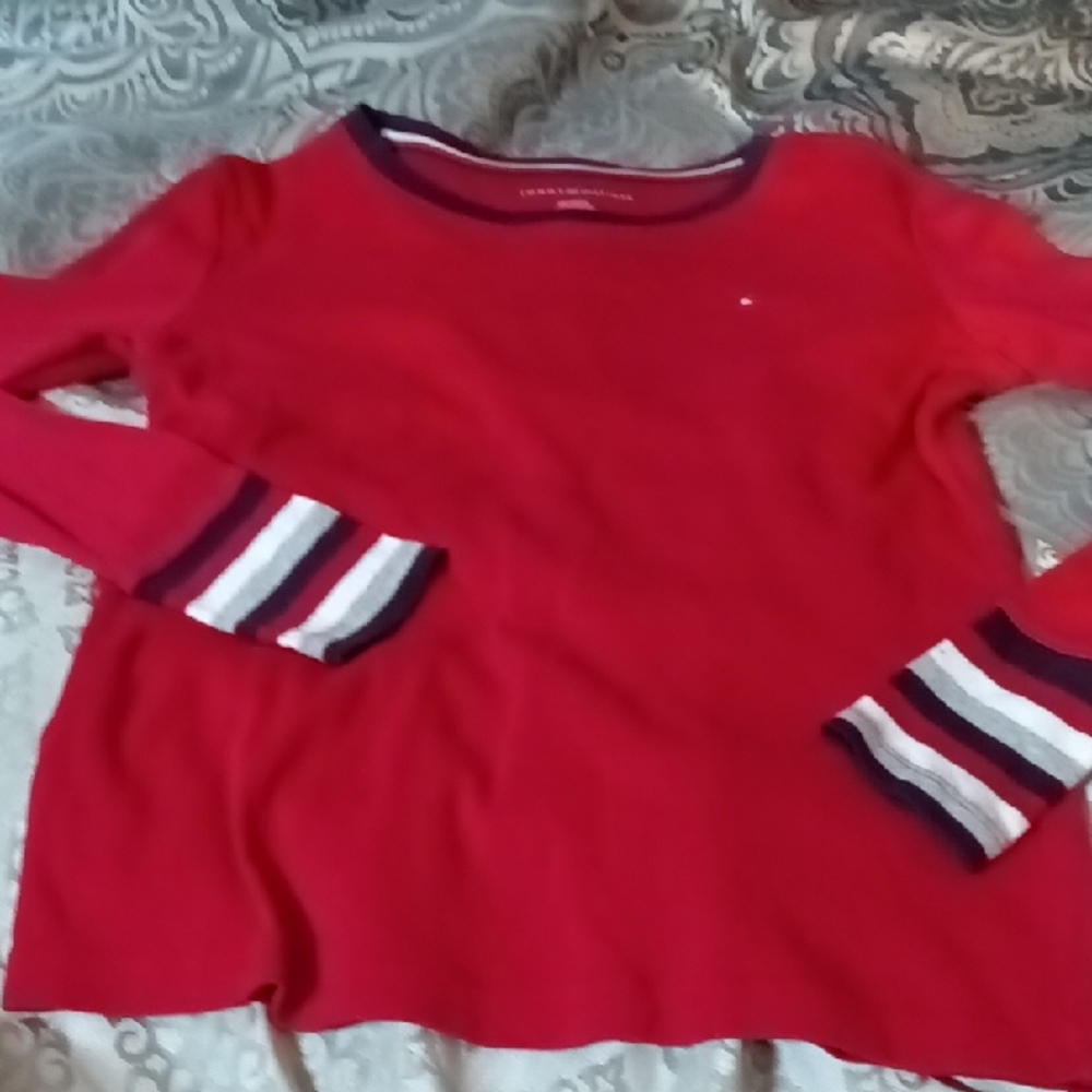 Tommy Hilfiger Red Long Sleeve Tee with Striped Cuffs